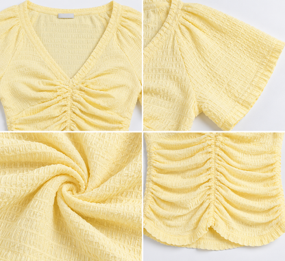 Yellow Cotton Ruched Crop Top with V-Neck and Flared Short Sleeves