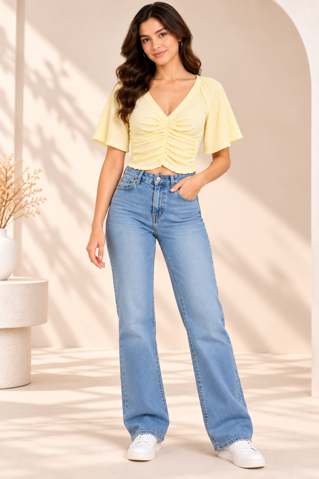 Yellow Cotton Ruched Crop Top with V-Neck and Flared Short Sleeves