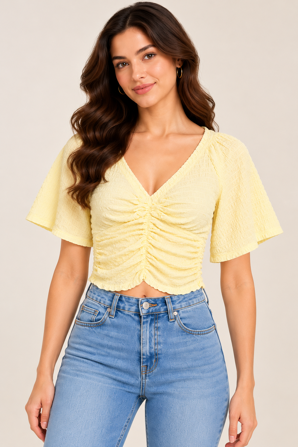 Yellow Cotton Ruched Crop Top with V-Neck and Flared Short Sleeves