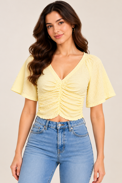 Yellow Cotton Ruched Crop Top with V-Neck and Flared Short Sleeves