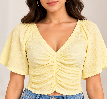 Yellow Cotton Ruched Crop Top with V-Neck and Flared Short Sleeves