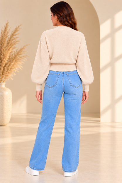 Beige High Neck Knit Sweater with Balloon Sleeves and Dropped Shoulder Design