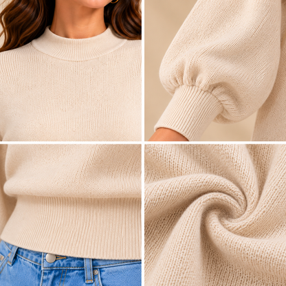 Beige High Neck Knit Sweater with Balloon Sleeves and Dropped Shoulder Design