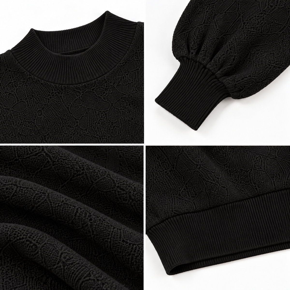 Black High Neck Knit Sweater with Balloon Sleeves and Dropped Shoulder Design