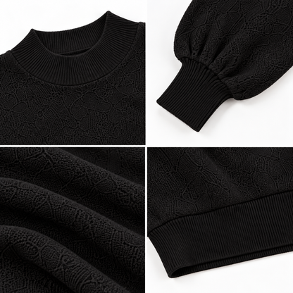 Black High Neck Knit Sweater with Balloon Sleeves and Dropped Shoulder Design