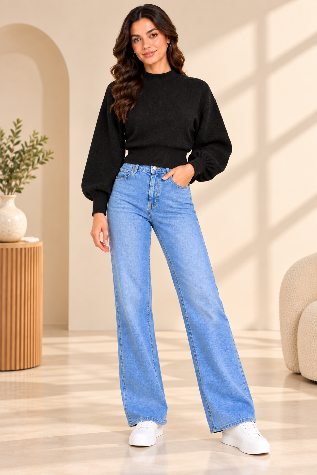 Black High Neck Knit Sweater with Balloon Sleeves and Dropped Shoulder Design