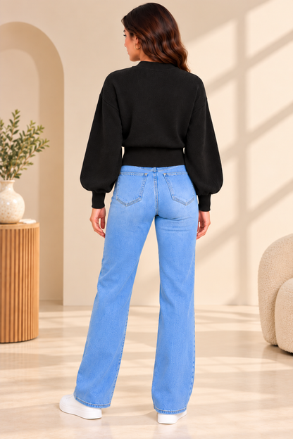 Black High Neck Knit Sweater with Balloon Sleeves and Dropped Shoulder Design