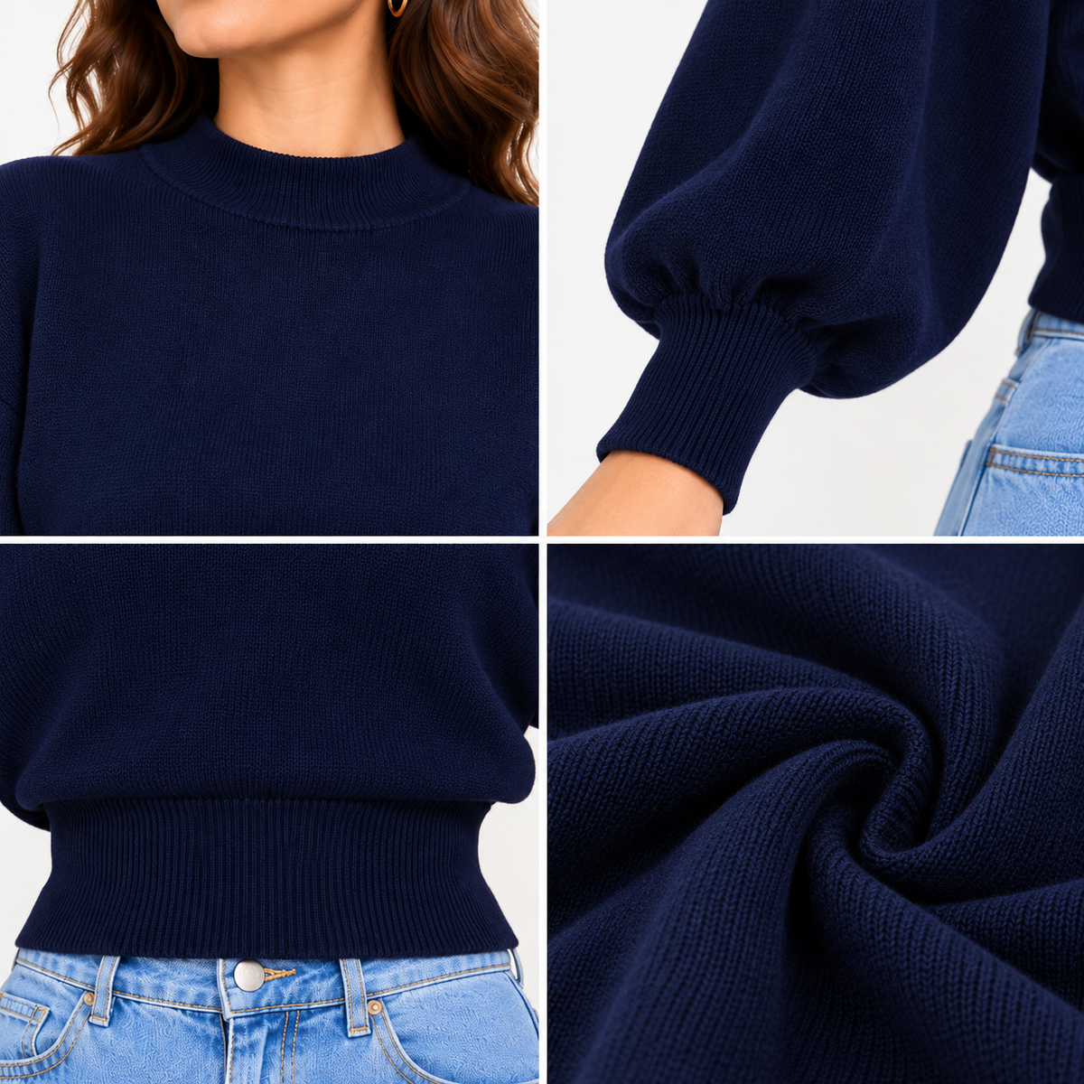 Blue High Neck Knit Sweater with Balloon Sleeves and Dropped Shoulder Design