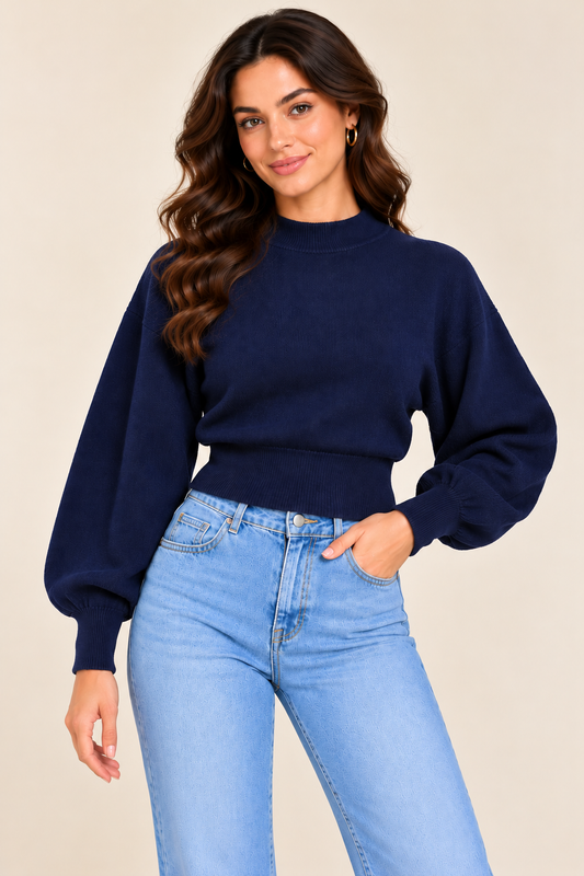 Blue High Neck Knit Sweater with Balloon Sleeves and Dropped Shoulder Design