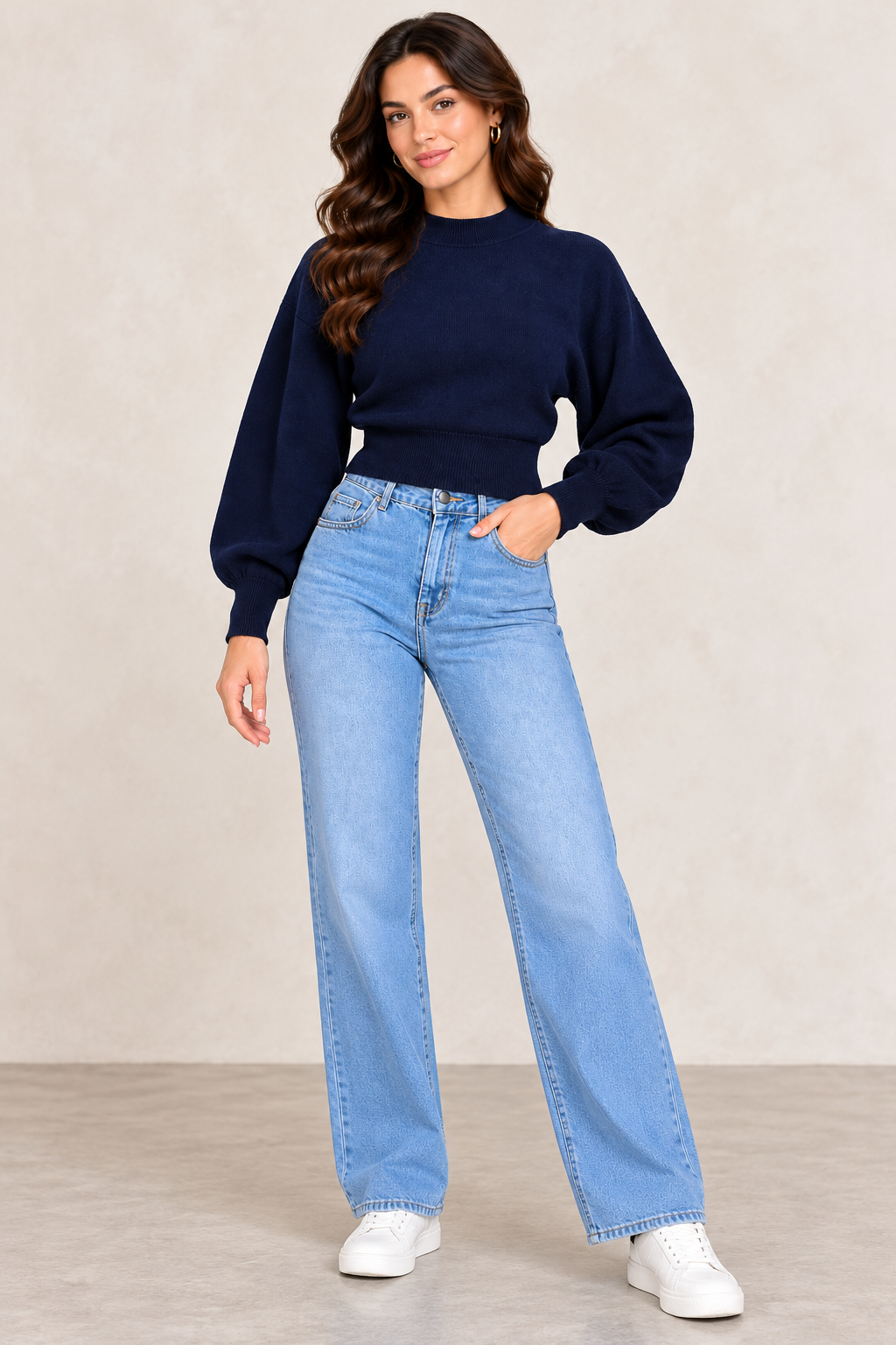 Blue High Neck Knit Sweater with Balloon Sleeves and Dropped Shoulder Design