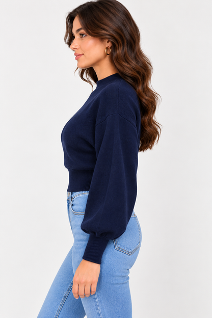 Blue High Neck Knit Sweater with Balloon Sleeves and Dropped Shoulder Design