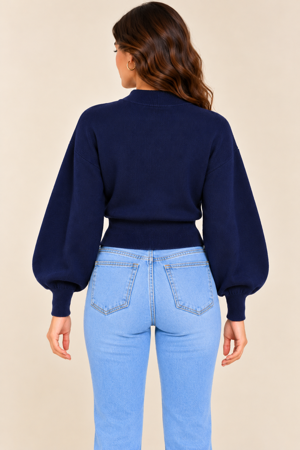 Blue High Neck Knit Sweater with Balloon Sleeves and Dropped Shoulder Design
