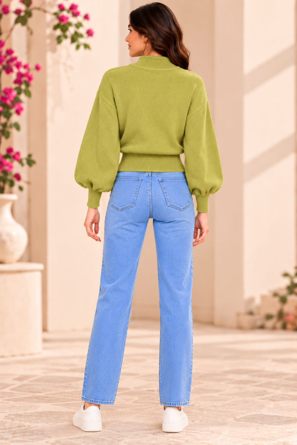 Green High Neck Knit Sweater with Balloon Sleeves and Dropped Shoulder Design