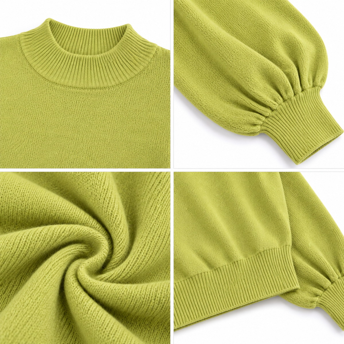 Green High Neck Knit Sweater with Balloon Sleeves and Dropped Shoulder Design