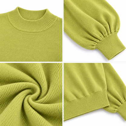 Green High Neck Knit Sweater with Balloon Sleeves and Dropped Shoulder Design