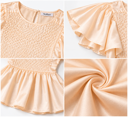 Light Golden Peach Satin Peplum Top with Flutter Sleeves, Smocked Bodice, Round Neck and Loose Fit