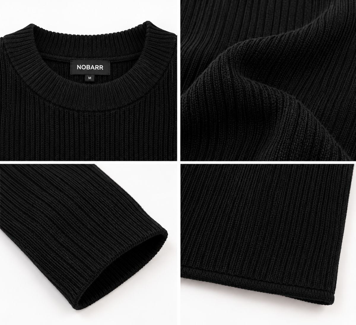 Black Ribbed Knit Sweater, Crew Neck Full Sleeve Pullover with Dropped Shoulders, Regular Fit Winter Wear