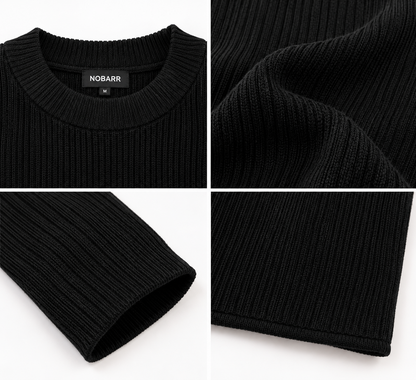 Black Ribbed Knit Sweater, Crew Neck Full Sleeve Pullover with Dropped Shoulders, Regular Fit Winter Wear