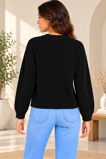 Black Ribbed Knit Sweater, Crew Neck Full Sleeve Pullover with Dropped Shoulders, Regular Fit Winter Wear