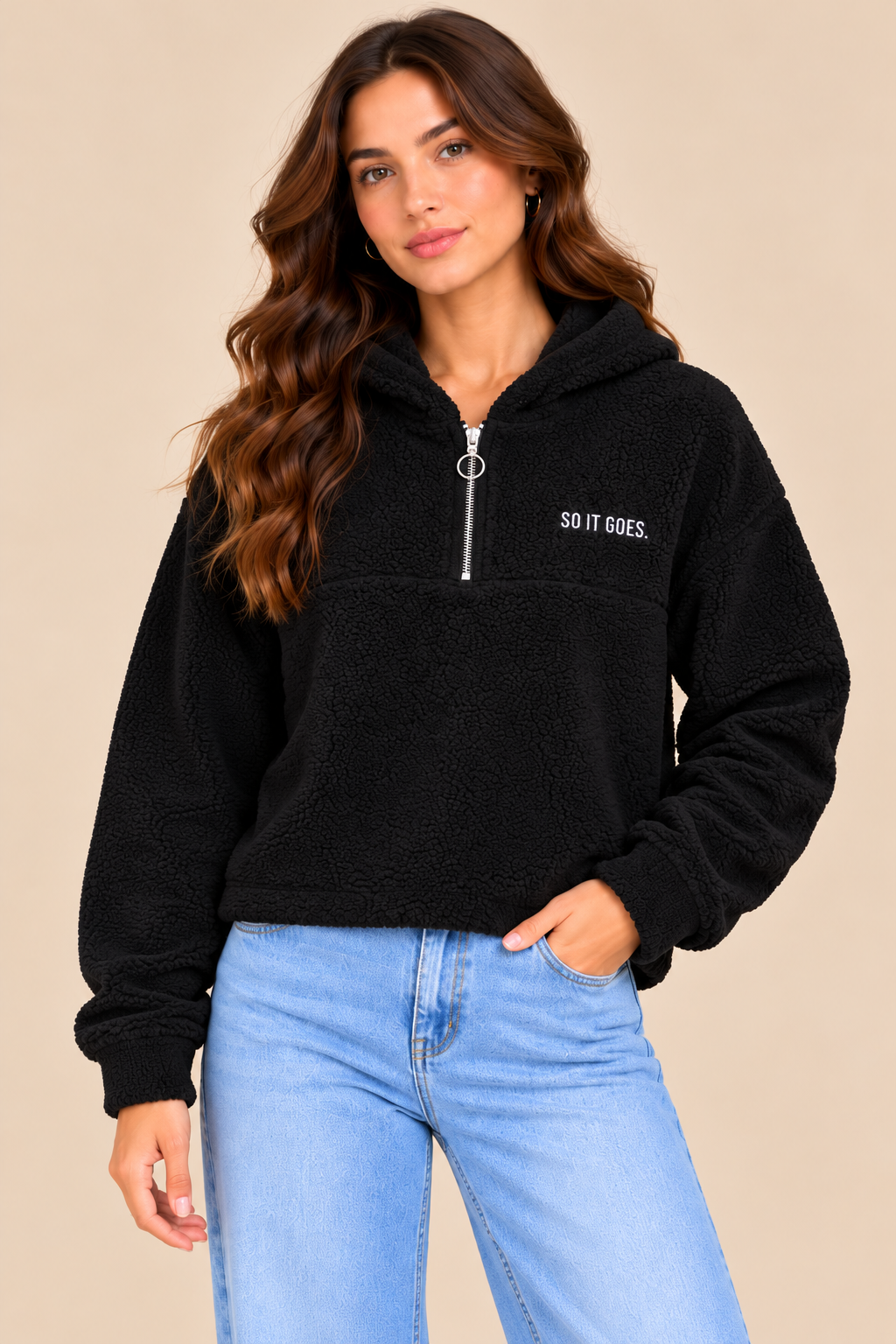 Black Teddy Fleece Half-Zip Hoodie Sweatshirt, Long Sleeve, Relaxed Fit Pullover with Hood