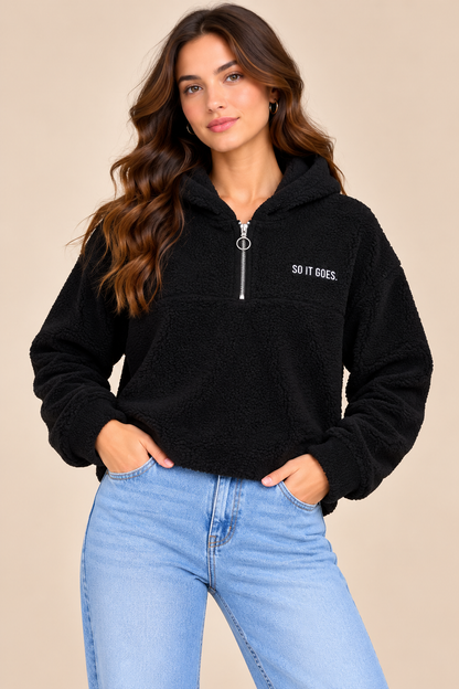 Black Teddy Fleece Half-Zip Hoodie Sweatshirt, Long Sleeve, Relaxed Fit Pullover with Hood