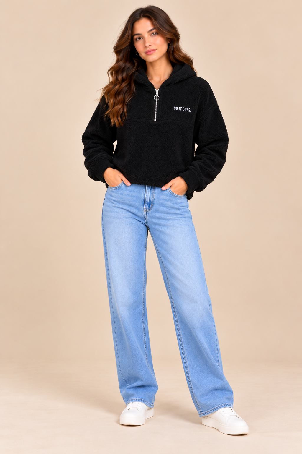 Black Teddy Fleece Half-Zip Hoodie Sweatshirt, Long Sleeve, Relaxed Fit Pullover with Hood