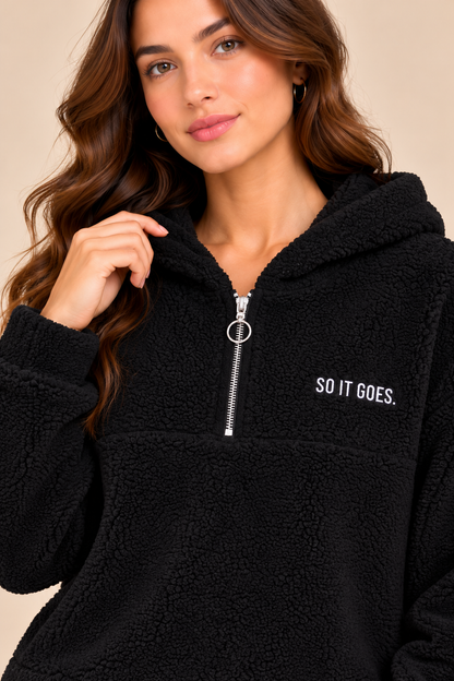 Black Teddy Fleece Half-Zip Hoodie Sweatshirt, Long Sleeve, Relaxed Fit Pullover with Hood