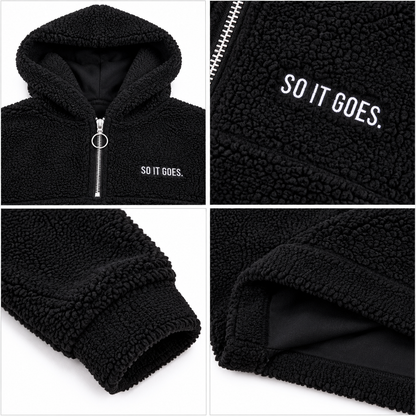 Black Teddy Fleece Half-Zip Hoodie Sweatshirt, Long Sleeve, Relaxed Fit Pullover with Hood