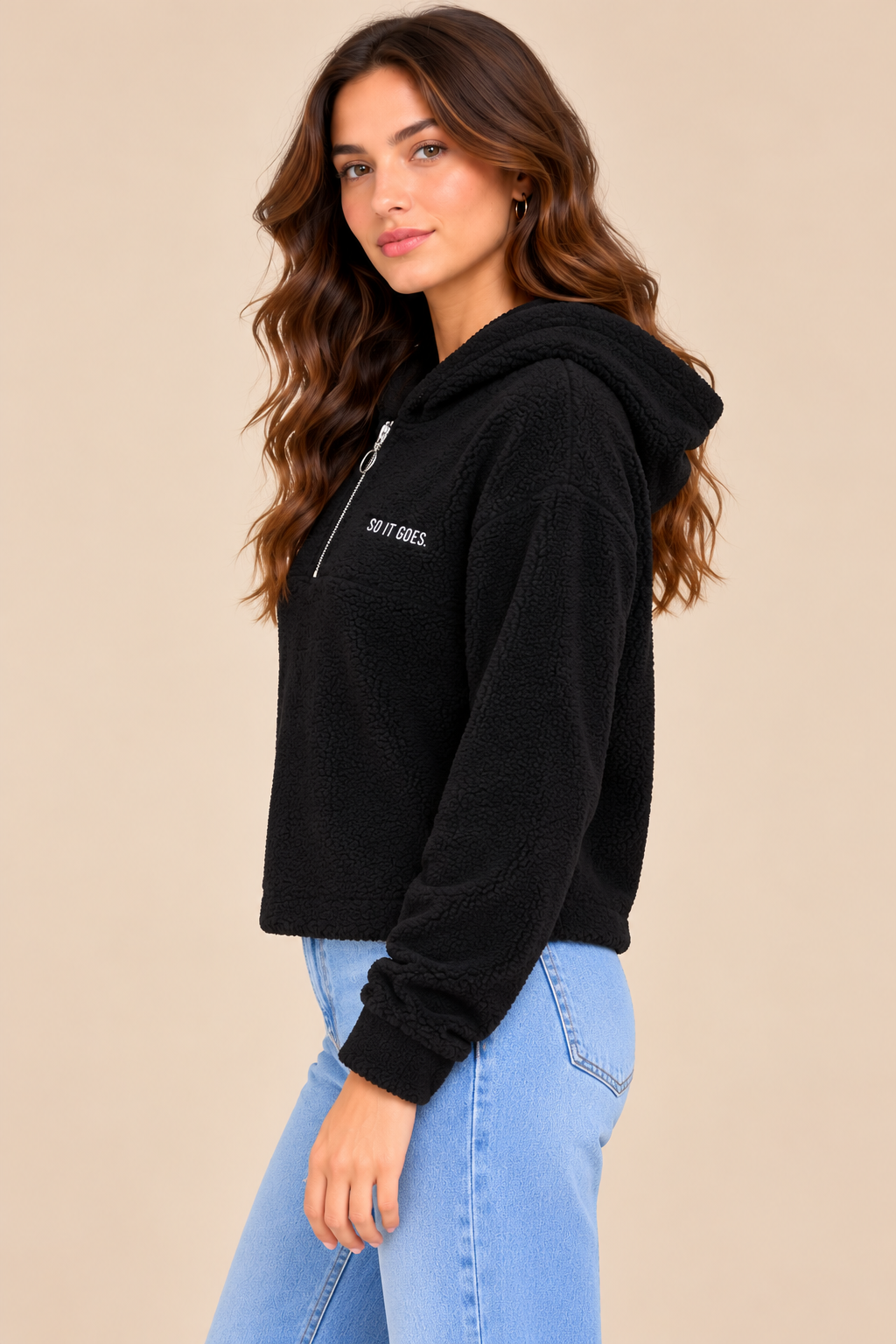 Black Teddy Fleece Half-Zip Hoodie Sweatshirt, Long Sleeve, Relaxed Fit Pullover with Hood
