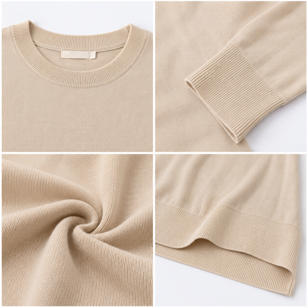 Dark Cream Round Neck Full Sleeve Knitted Sweater, Soft Lightweight Pullover Top with Ribbed Cuffs and Hem