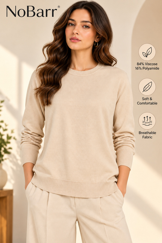Dark Cream Round Neck Full Sleeve Knitted Sweater, Soft Lightweight Pullover Top with Ribbed Cuffs and Hem