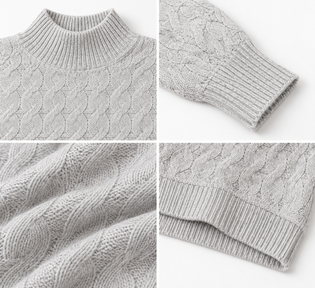 Grey Cable Knit Sweater, High Neck Full Sleeve Pullover, Soft Textured Winter Jumper with Ribbed Cuffs and Hem