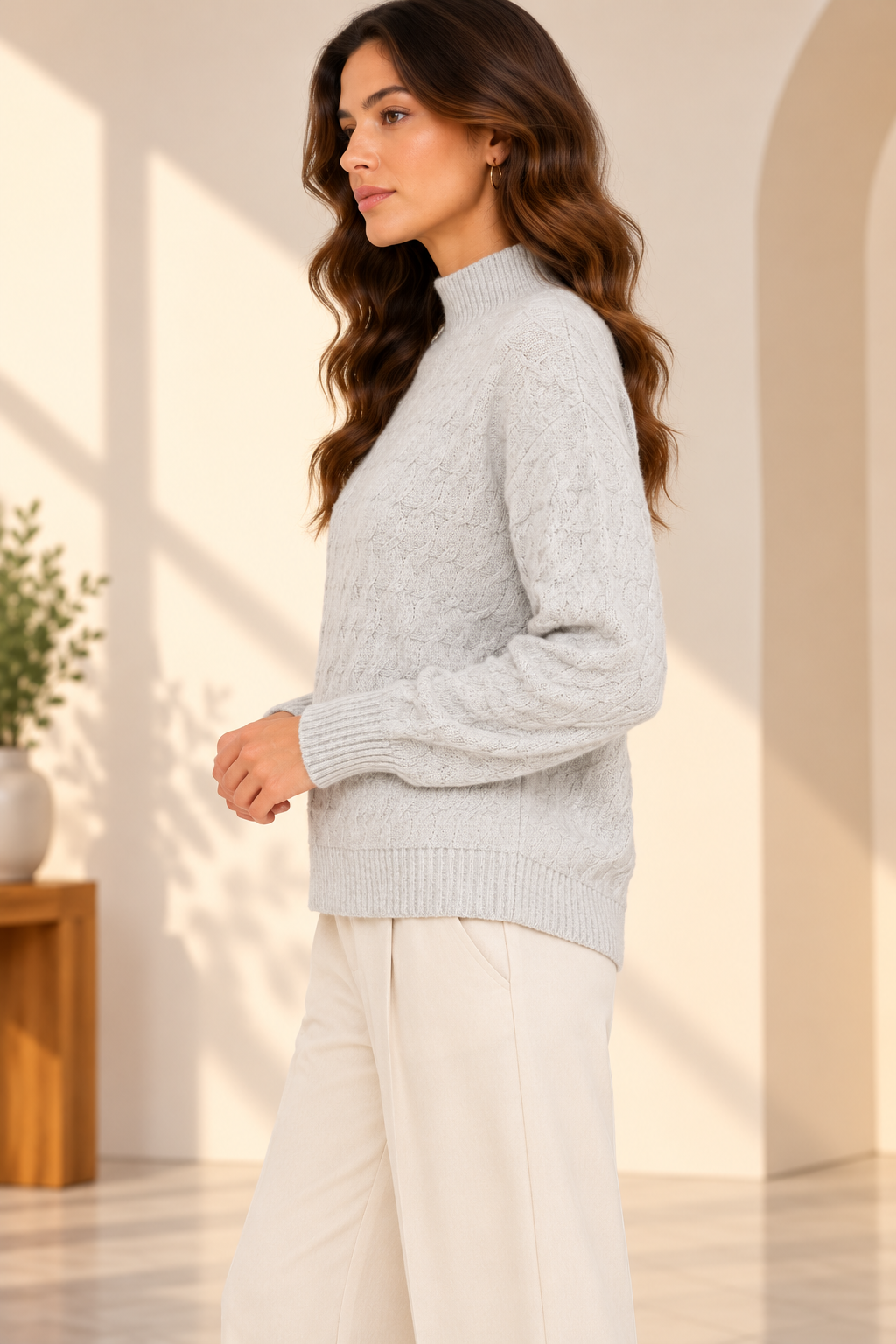 Grey Cable Knit Sweater, High Neck Full Sleeve Pullover, Soft Textured Winter Jumper with Ribbed Cuffs and Hem