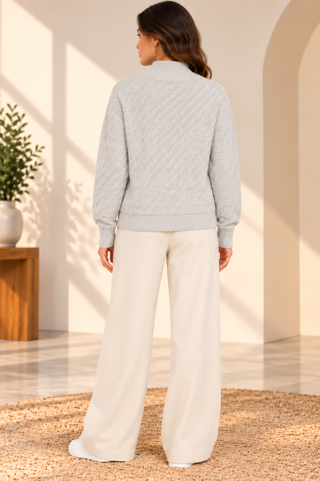 Grey Cable Knit Sweater, High Neck Full Sleeve Pullover, Soft Textured Winter Jumper with Ribbed Cuffs and Hem