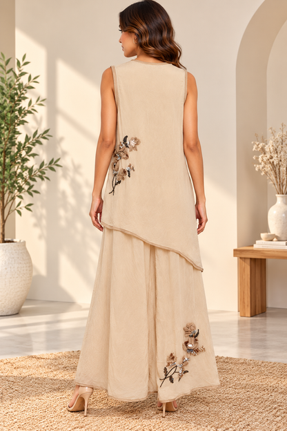 Beige Sleeveless Embroidered Layered dress with Floral Sequin Detailing