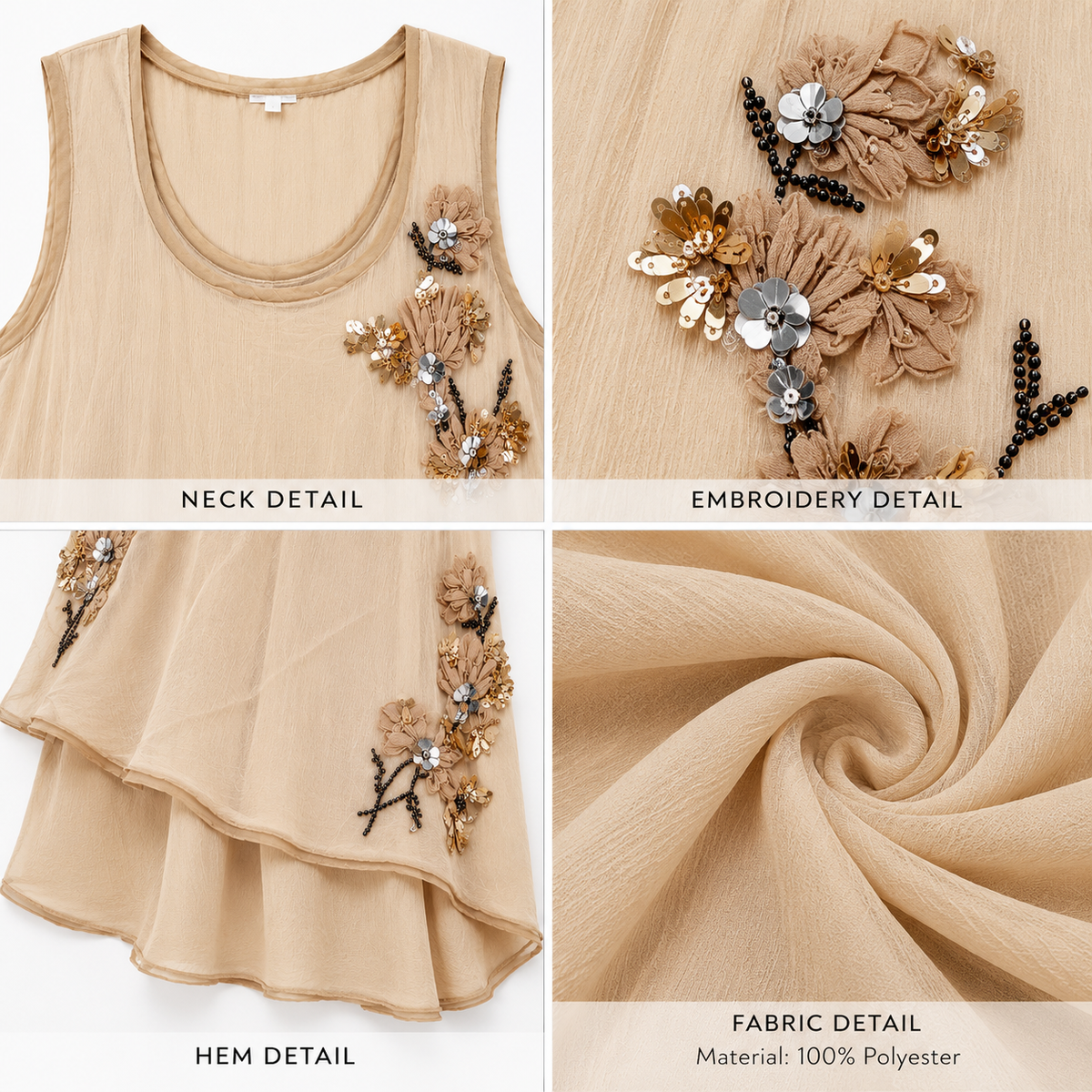 Beige Sleeveless Embroidered Layered dress with Floral Sequin Detailing