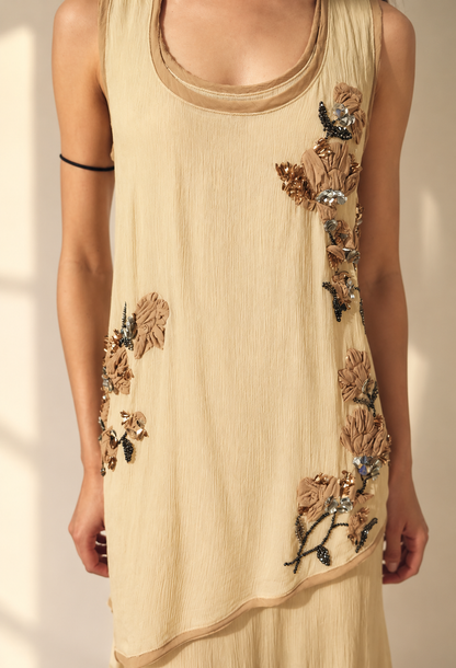 Beige Sleeveless Embroidered Layered dress with Floral Sequin Detailing