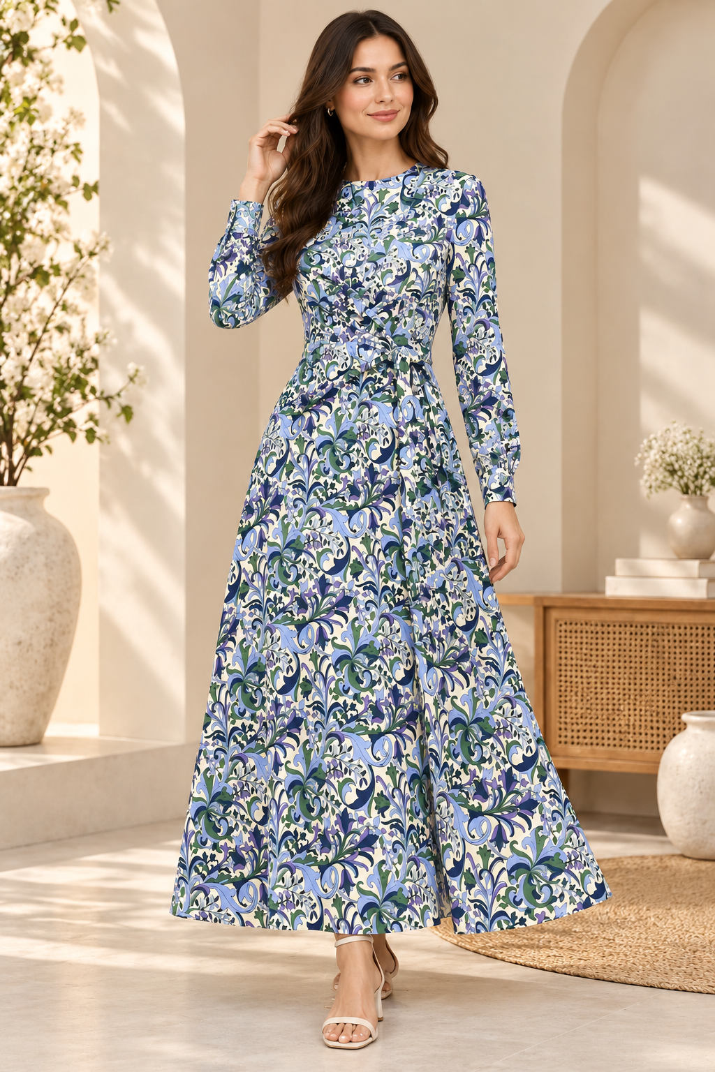 Multicolour Floral Print Maxi Dress, Long Sleeve Fit and Flare Wrap Style Dress with Waist Tie for Casual and Party Wear
