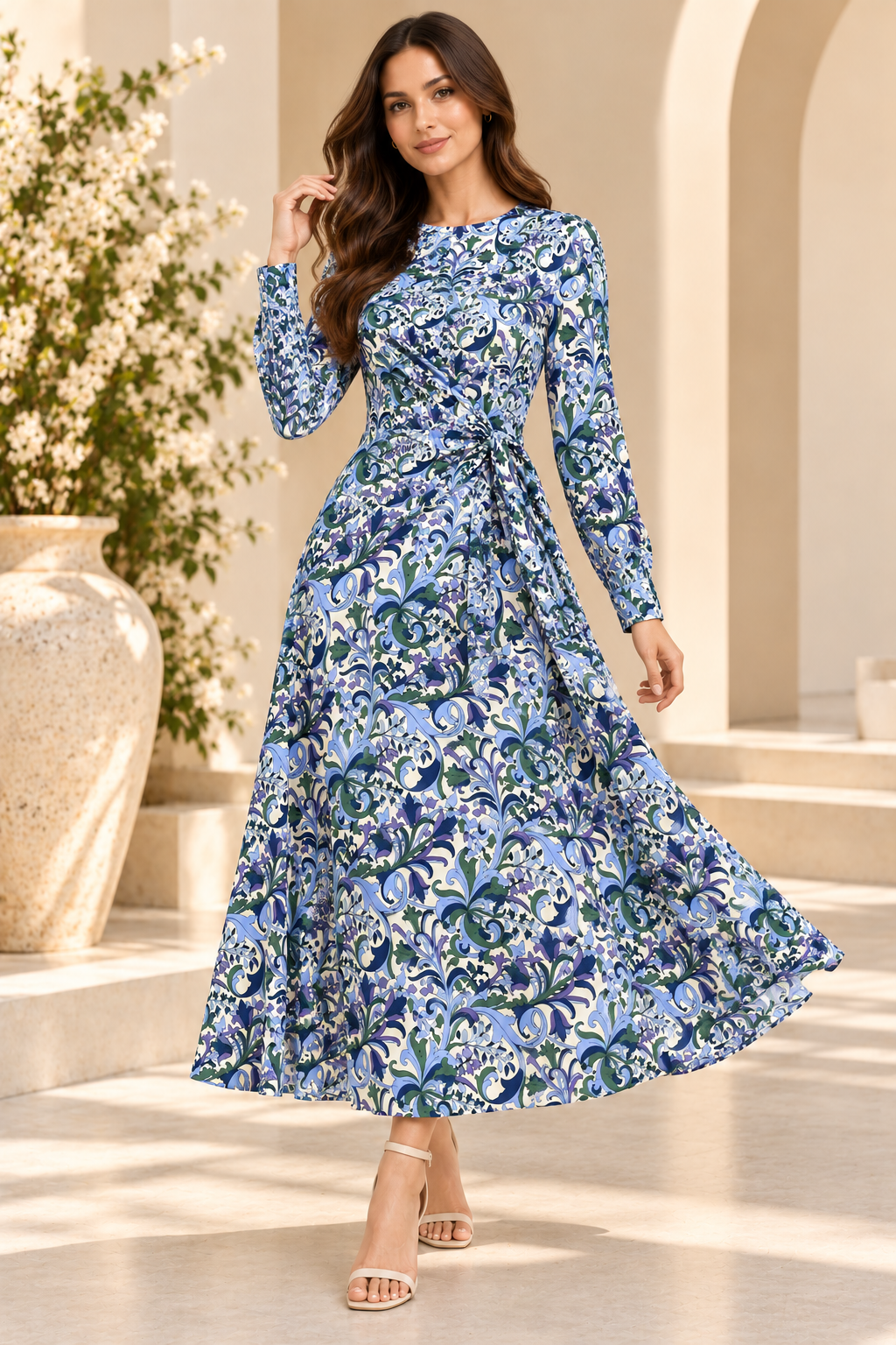 Multicolour Floral Print Maxi Dress, Long Sleeve Fit and Flare Wrap Style Dress with Waist Tie for Casual and Party Wear