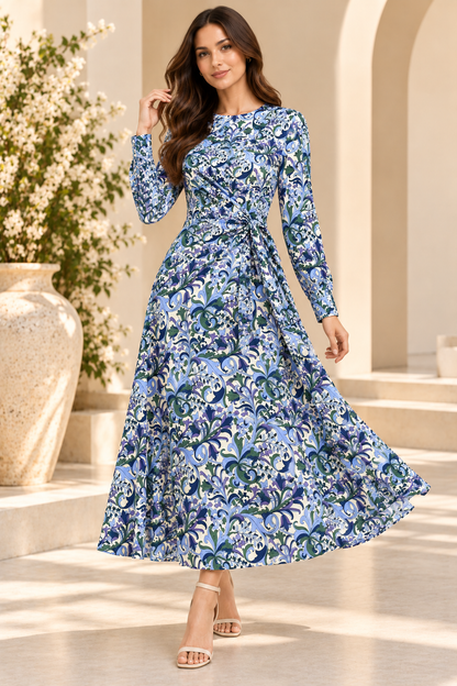 Multicolour Floral Print Maxi Dress, Long Sleeve Fit and Flare Wrap Style Dress with Waist Tie for Casual and Party Wear