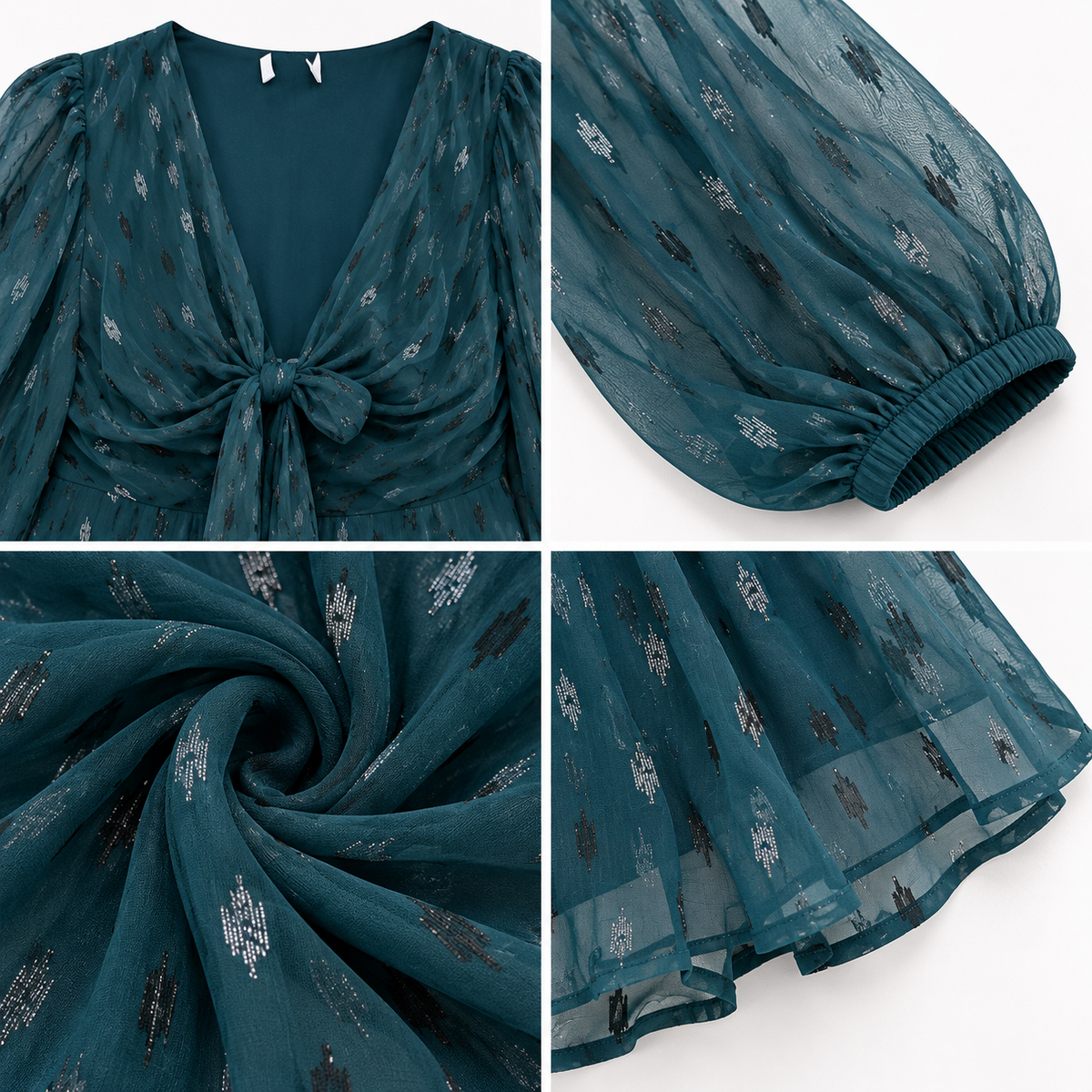 Dark Green Chiffon Fit and Flare Dress, V Neck Long Sleeve Mini Dress with Front Bow Detail and Side Zip Closure