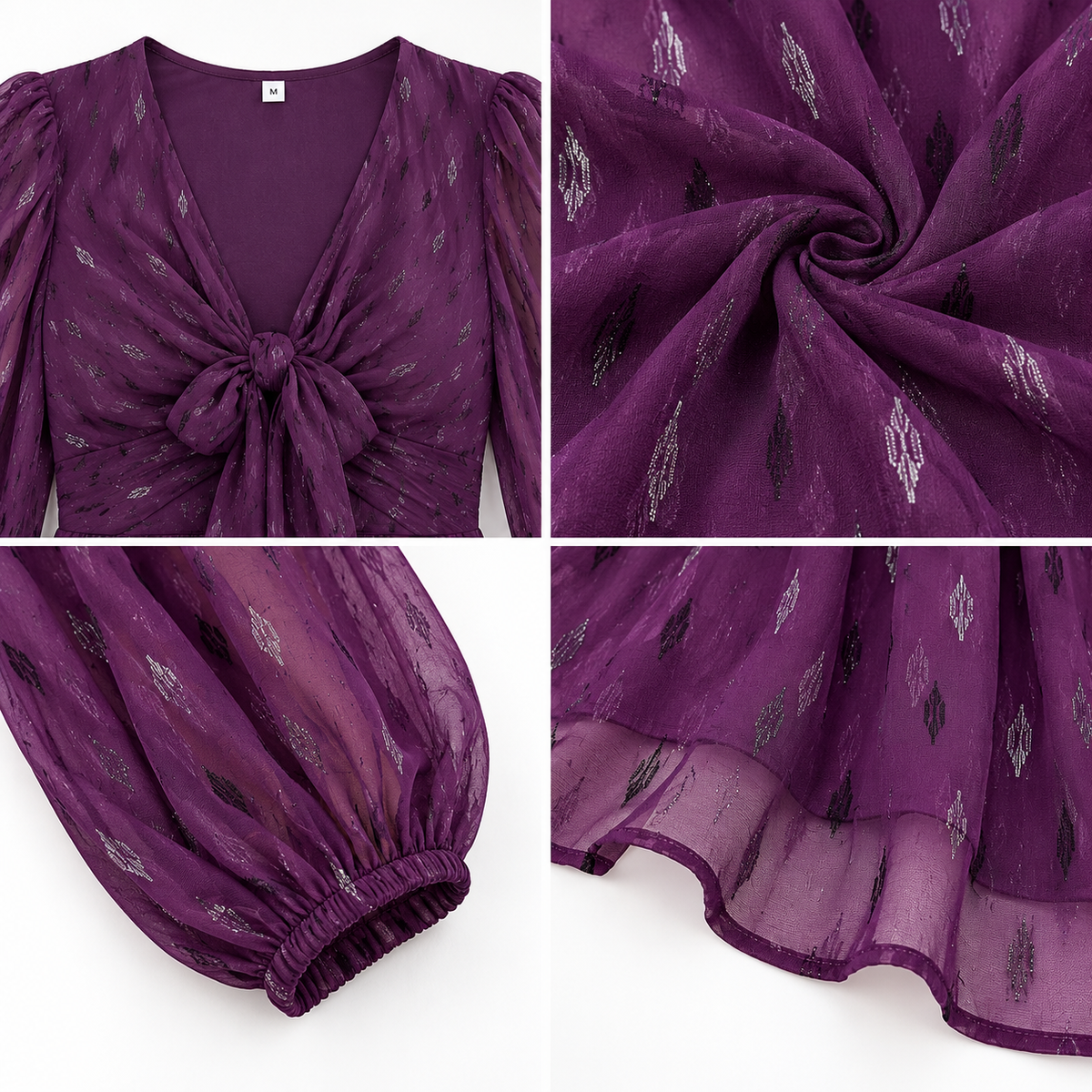 Purple Chiffon Fit and Flare Dress, V Neck Long Sleeve Mini Dress with Front Bow Detail and Side Zip Closure
