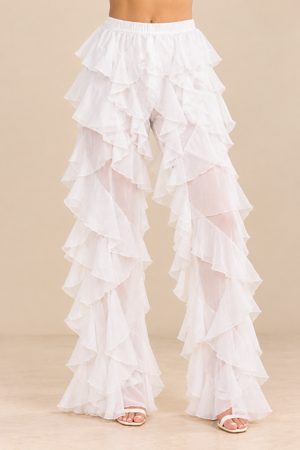 White Layered Ruffle Wide Leg Pants – Elegant Sheer Polyester Flared Trousers