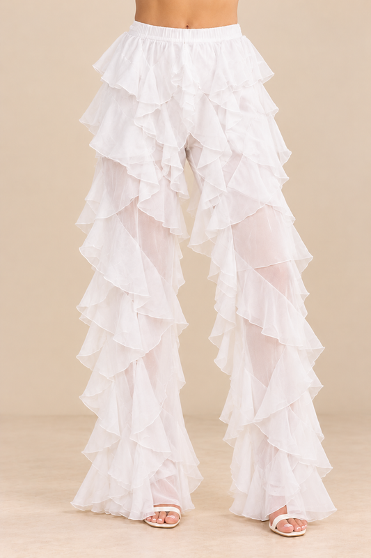 White Layered Ruffle Wide Leg Pants – Elegant Sheer Polyester Flared Trousers