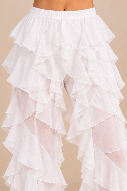 White Layered Ruffle Wide Leg Pants – Elegant Sheer Polyester Flared Trousers