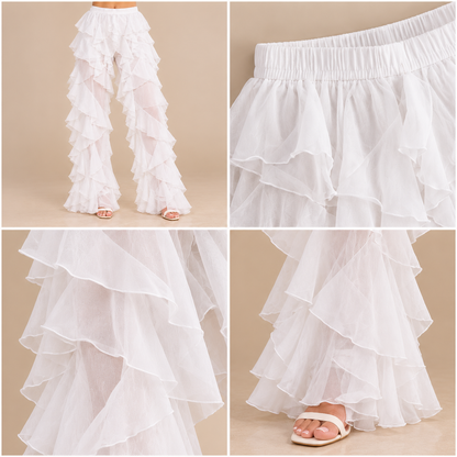 White Layered Ruffle Wide Leg Pants – Elegant Sheer Polyester Flared Trousers