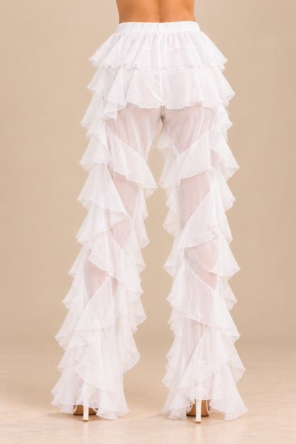 White Layered Ruffle Wide Leg Pants – Elegant Sheer Polyester Flared Trousers