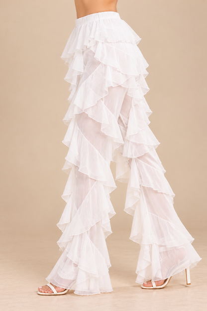White Layered Ruffle Wide Leg Pants – Elegant Sheer Polyester Flared Trousers