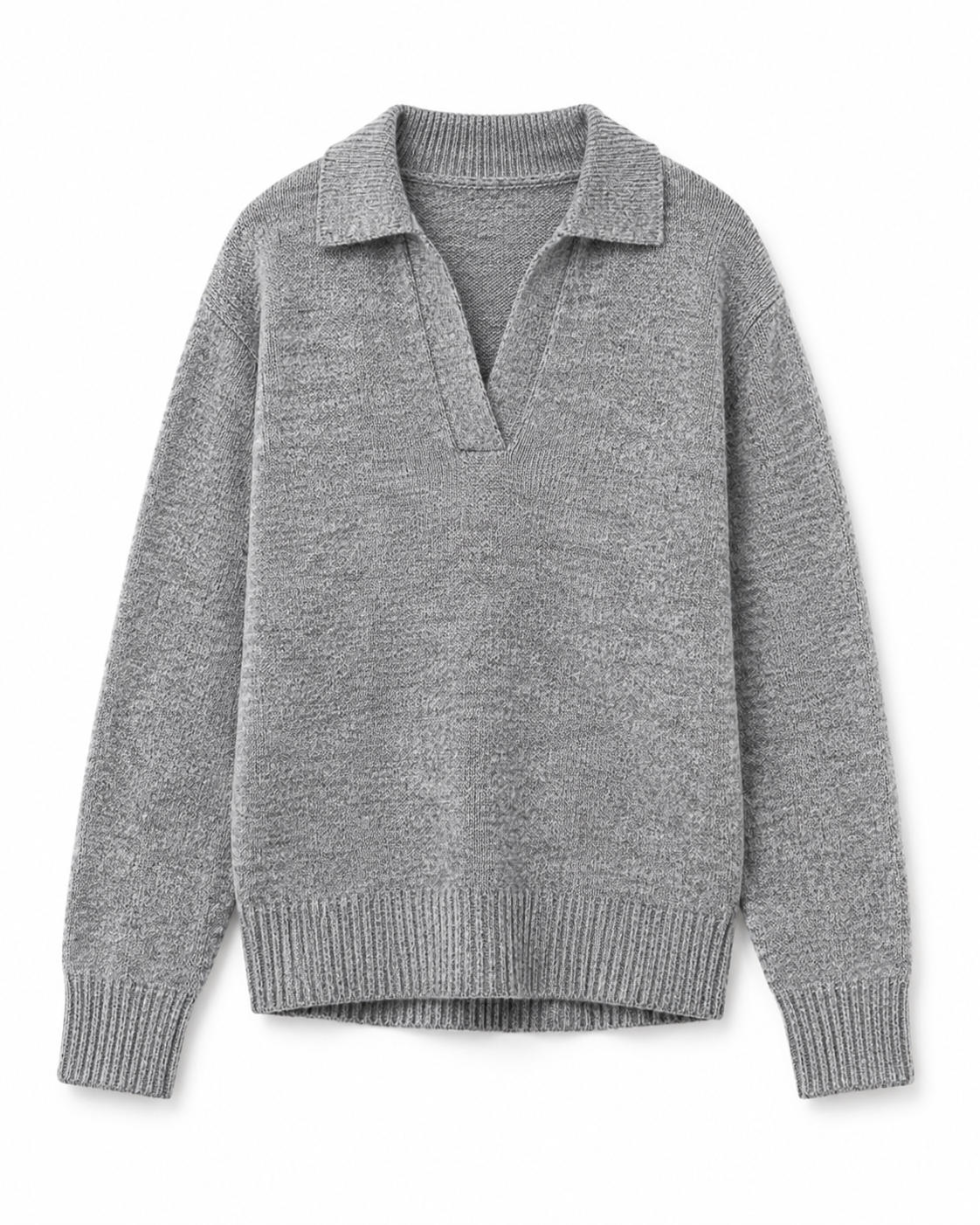 Grey 100% Acrylic Collared V-Neck Sweater | Loose Fit Full Sleeve Knit Pullover | Soft Warm Casual Winter Top