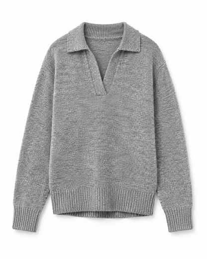 Grey 100% Acrylic Collared V-Neck Sweater | Loose Fit Full Sleeve Knit Pullover | Soft Warm Casual Winter Top